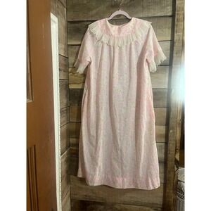 Vintage Pink Floral Nightgown Lace Trim Victorian Style Sleepwear Lounge Dress